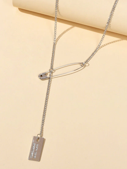 Punk Hip Hop Goth Style Gold Silver Chain Pin Square Pendant Y Lariat Necklace - UrbanNest Co