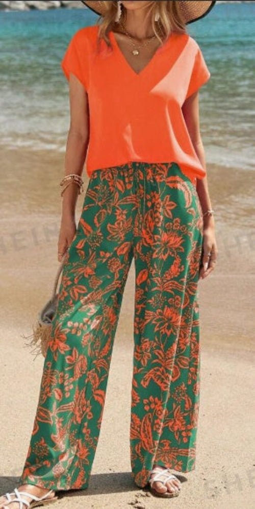 Women's Solid V - Neck Short Sleeve Top And Botanical Print Pants - UrbanNest Co