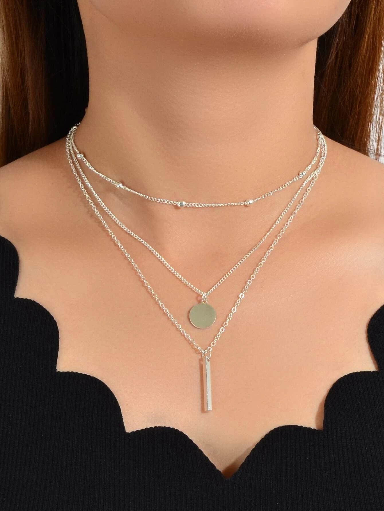 Boho Multi - Layer 3pcs Bar Disc Charm Metal Round Beads Chain Choker Necklace - UrbanNest Co