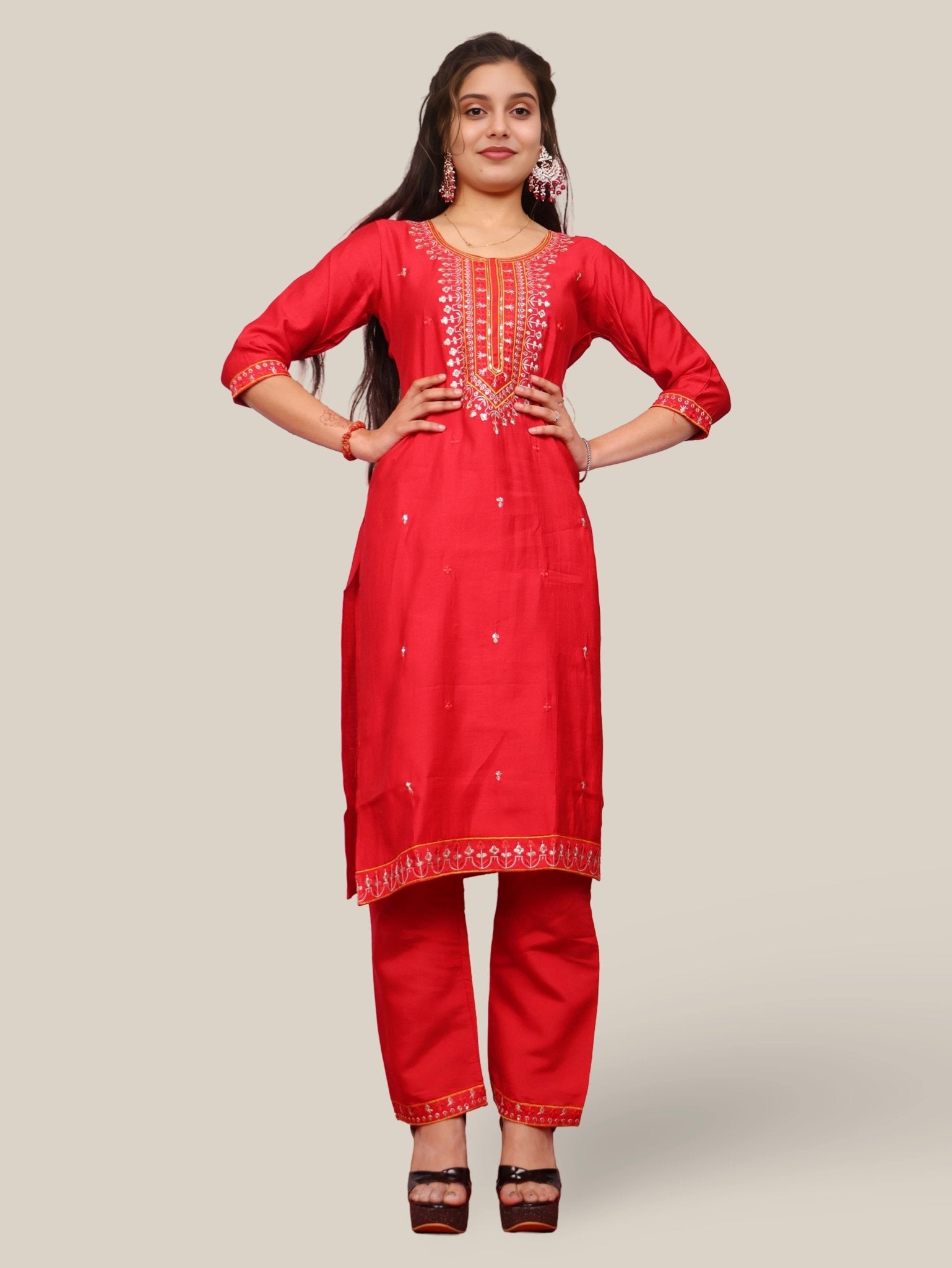 Rayon - Cotton Embroidered Straight Kurti Set with Pant and Dupatta - UrbanNest Co