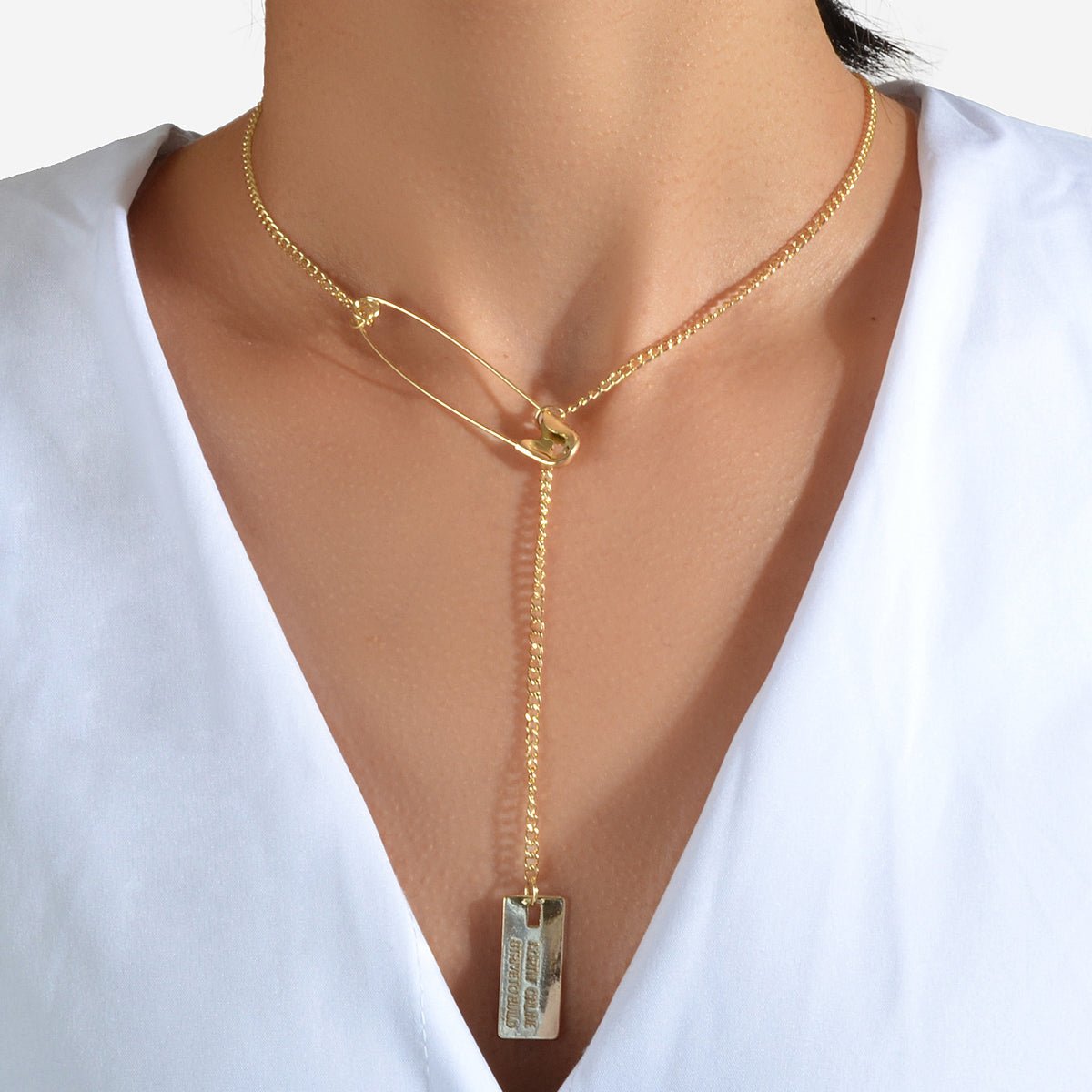Punk Hip Hop Goth Style Gold Silver Chain Pin Square Pendant Y Lariat Necklace - UrbanNest Co