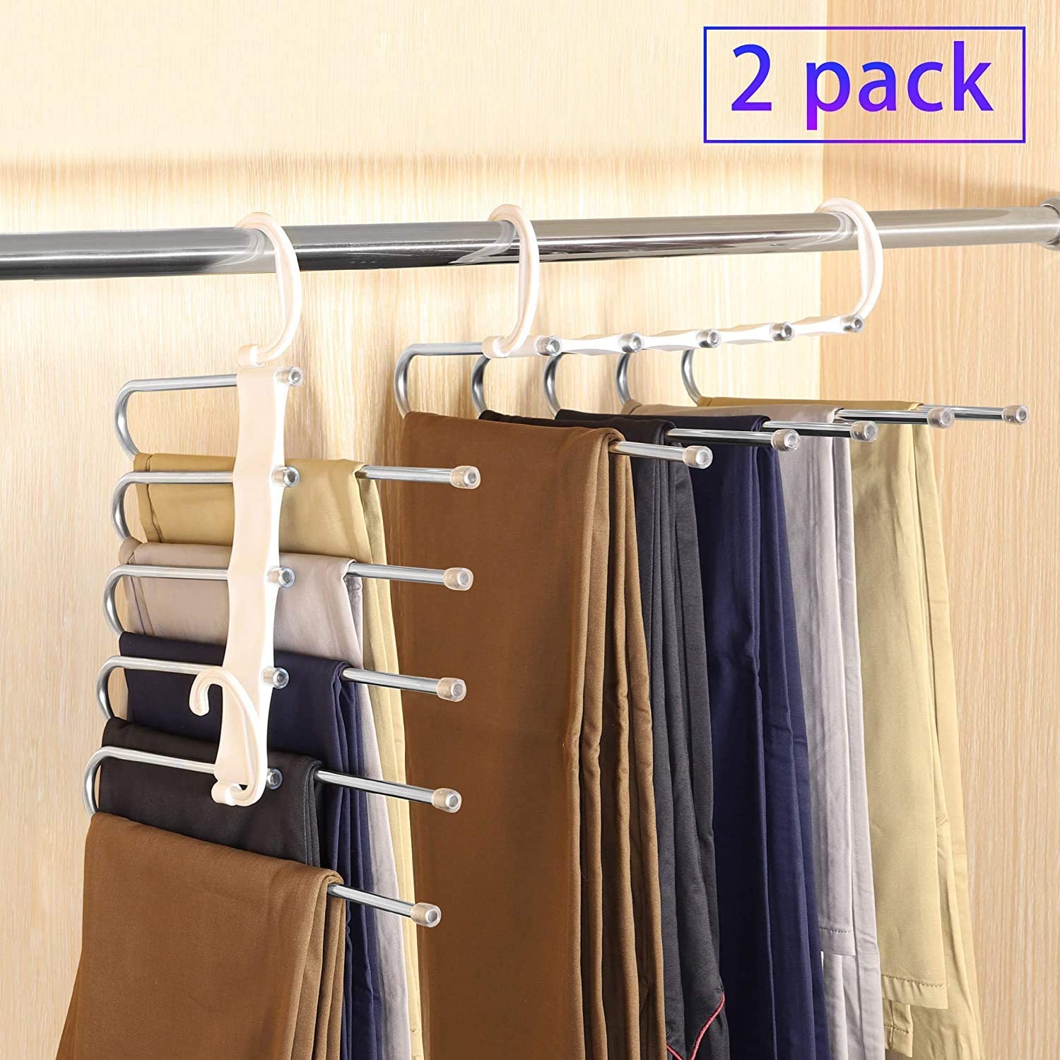 NNEDSZ 2 Pack Adjustable Multi - Layer 5 in 1 Pants Hanger for Wardrobe and Home Storage (White) - UrbanNest Co