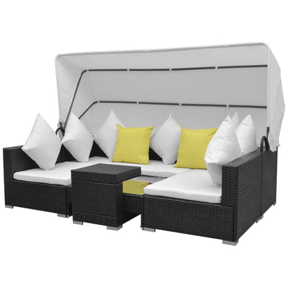 NNEVL 7 Piece Garden Lounge Set with Canopy Poly Rattan Black - UrbanNest Co