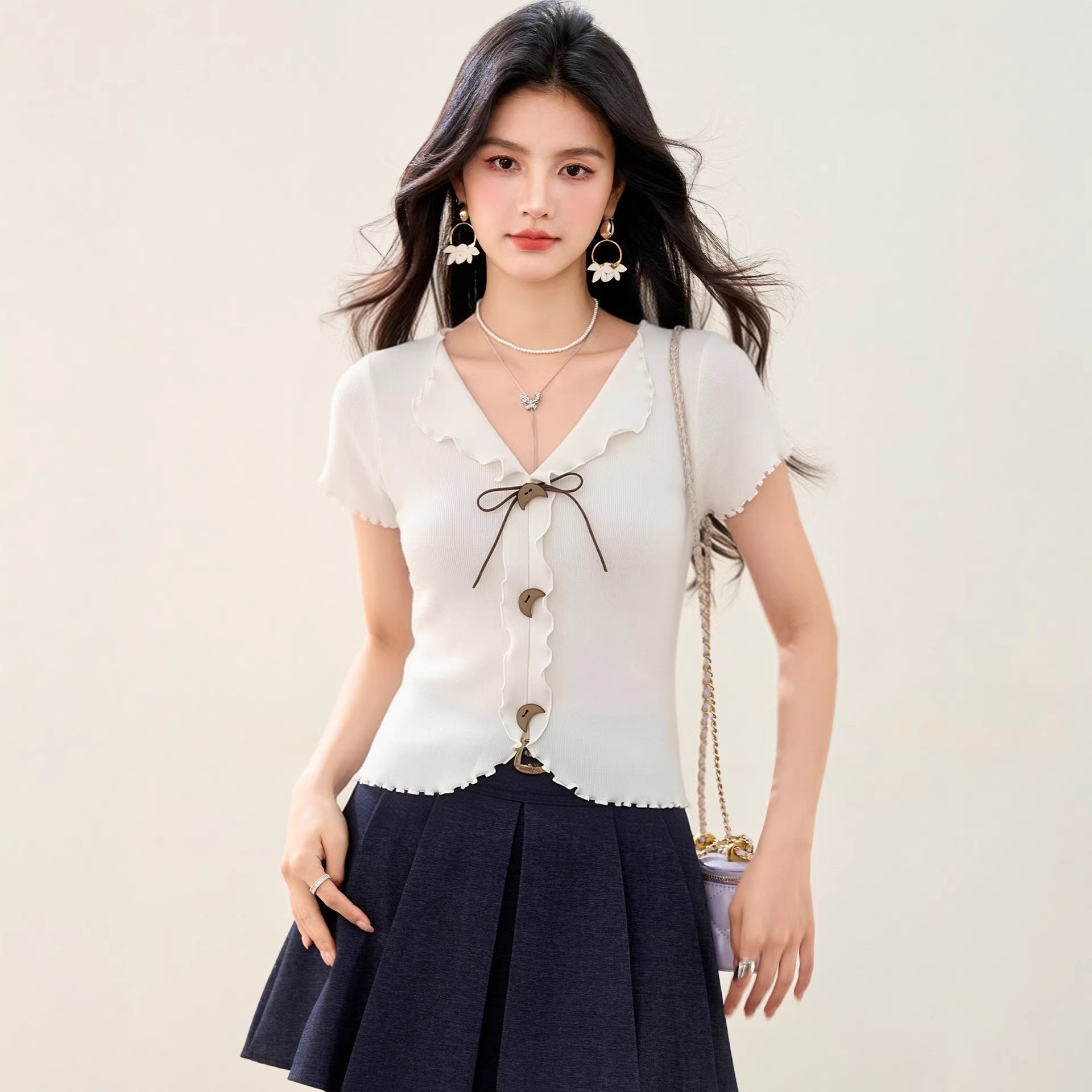 Ruffle Turn - down Collar Short Sleeve Knit T-shirt for Women Summer Fashion Design Sense Bow Cut - out Top - UrbanNest Co