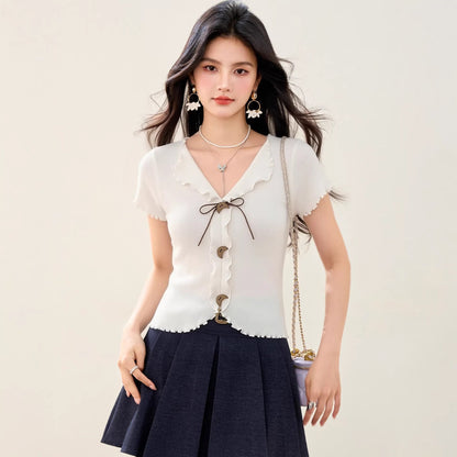 Ruffle Turn - down Collar Short Sleeve Knit T-shirt for Women Summer Fashion Design Sense Bow Cut - out Top - UrbanNest Co
