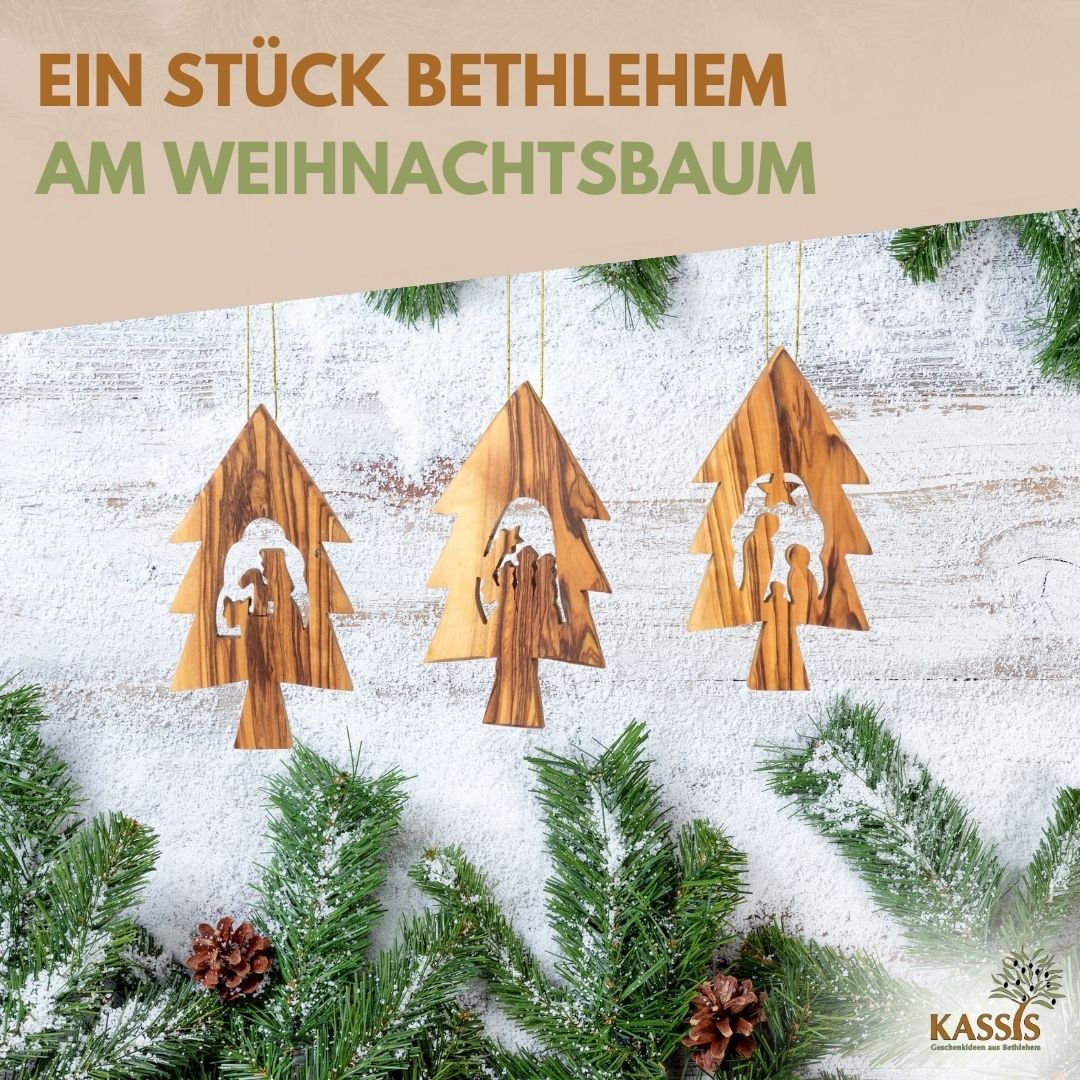 Olivenholz Krippen - Anhänger im Tannenbaum 3er Set (ohne Rinde) | Baumschmuck & Weihnachtsdeko für Advent und Weihnachten - UrbanNest Co