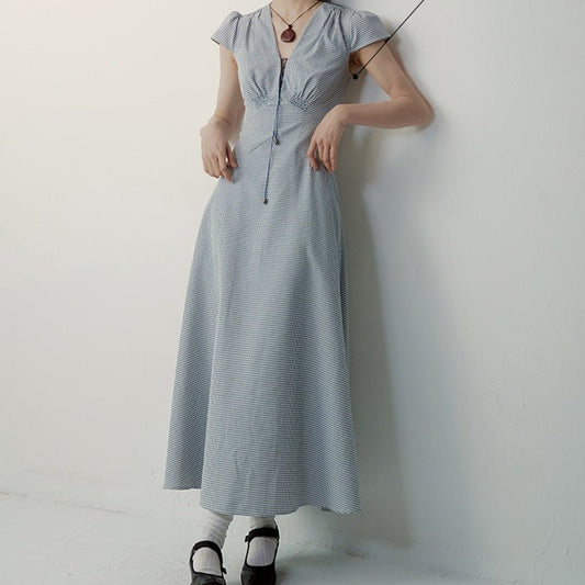 Type of clothing Classic Vichy Check Cotton High - Waisted V - Neck Dress with Proportional Fit - UrbanNest Co