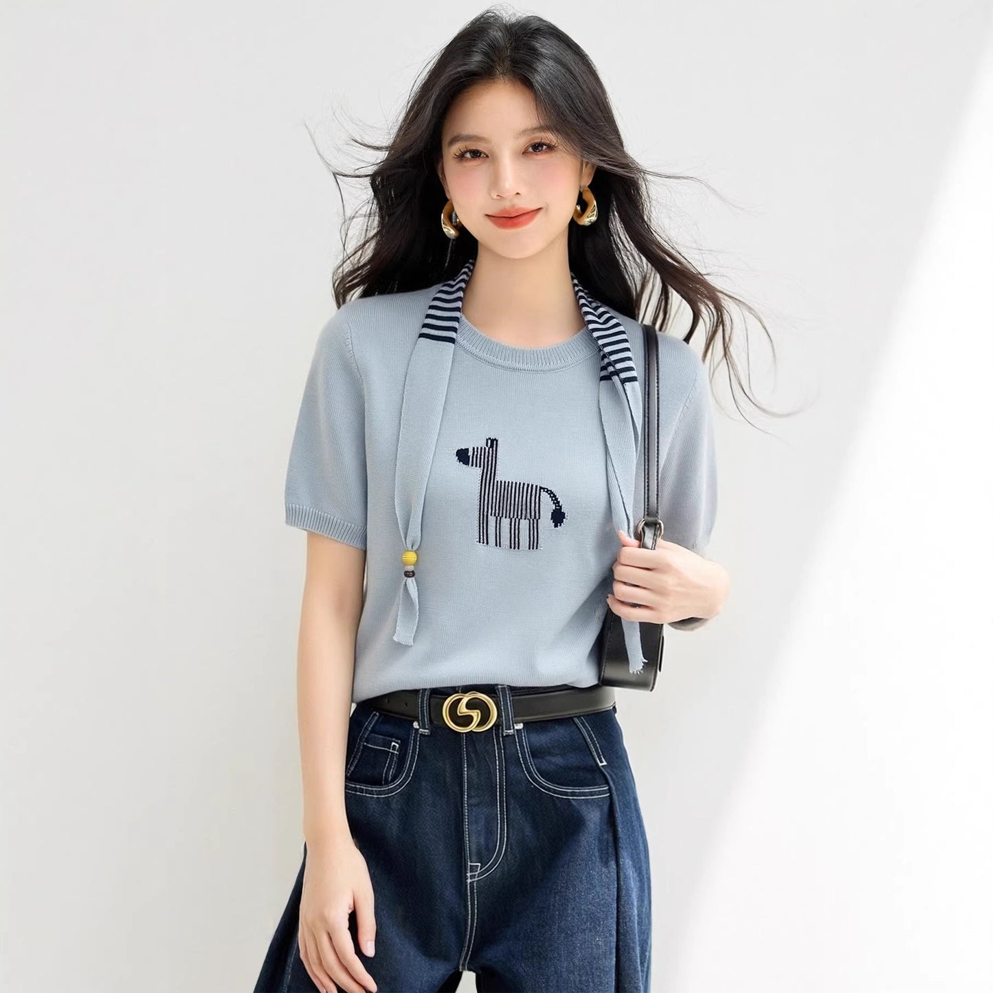 Round Neck Color - blocked Two - piece Short Sleeve Knit Top for Women, Fashionable Fitted Versatile Upperwear - UrbanNest Co