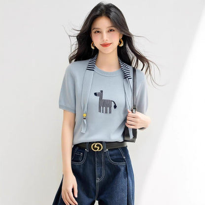 Round Neck Color - blocked Two - piece Short Sleeve Knit Top for Women, Fashionable Fitted Versatile Upperwear - UrbanNest Co