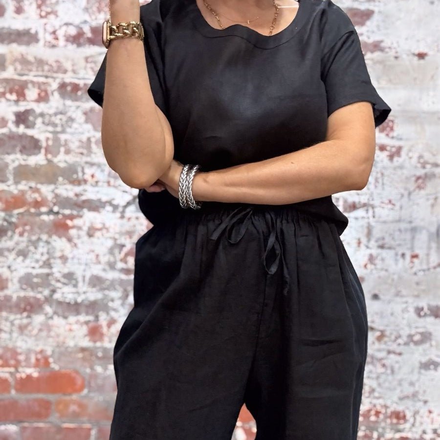 Linen Tee & Pant Pyjama Set in Black - UrbanNest Co