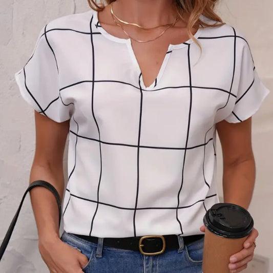 Plaid Print Notched Neck Blouse, Casual Short Sleeve Blouse For Spring - UrbanNest Co