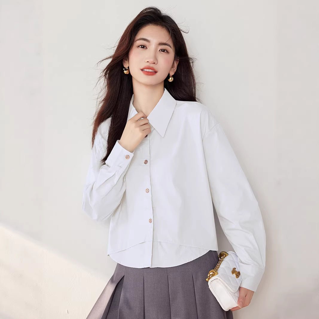 Elegant False Two - Piece Loose Long Sleeve Shirt for Women Fashionable Versatile Turn - Down Collar Solid Color Top - UrbanNest Co
