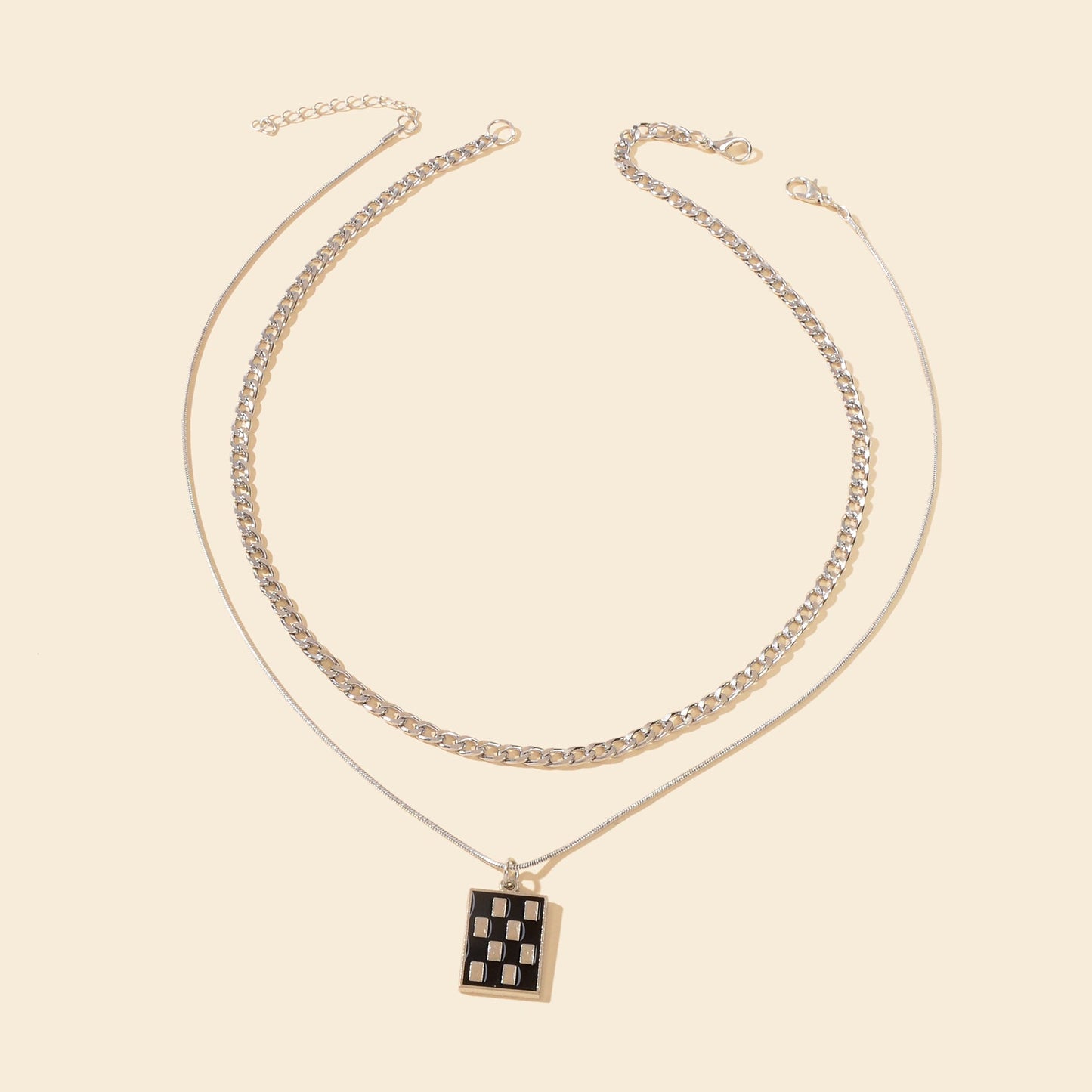 Street Double Layer Silvery Chain Black Silver Checkered Rectangle Geometric Pendant Necklace School Daily Accessory - UrbanNest Co