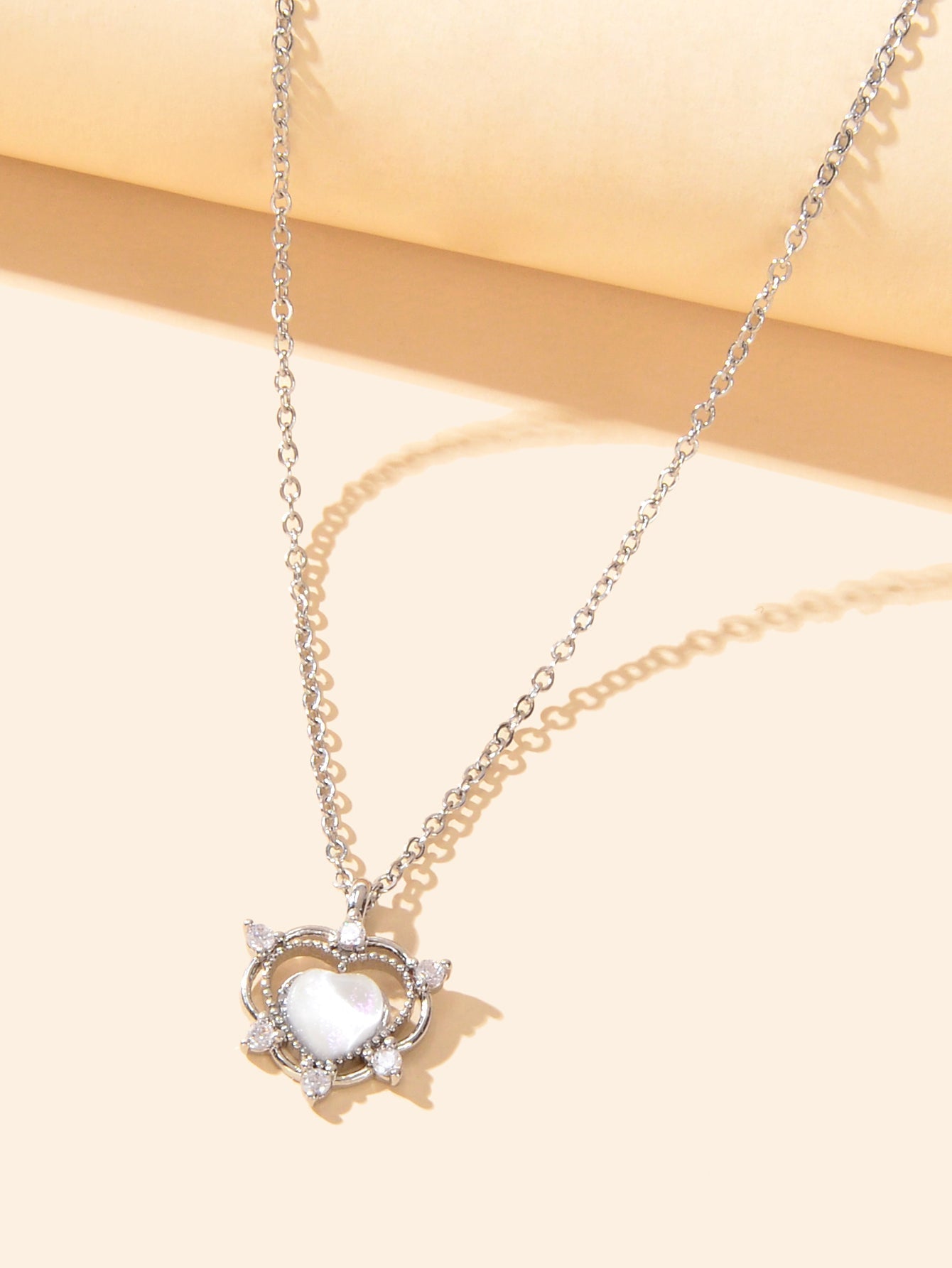 Exquisite Silver Chain Rhinestone Opal Decor Heart Pendant Necklace Gift Jewelry - UrbanNest Co