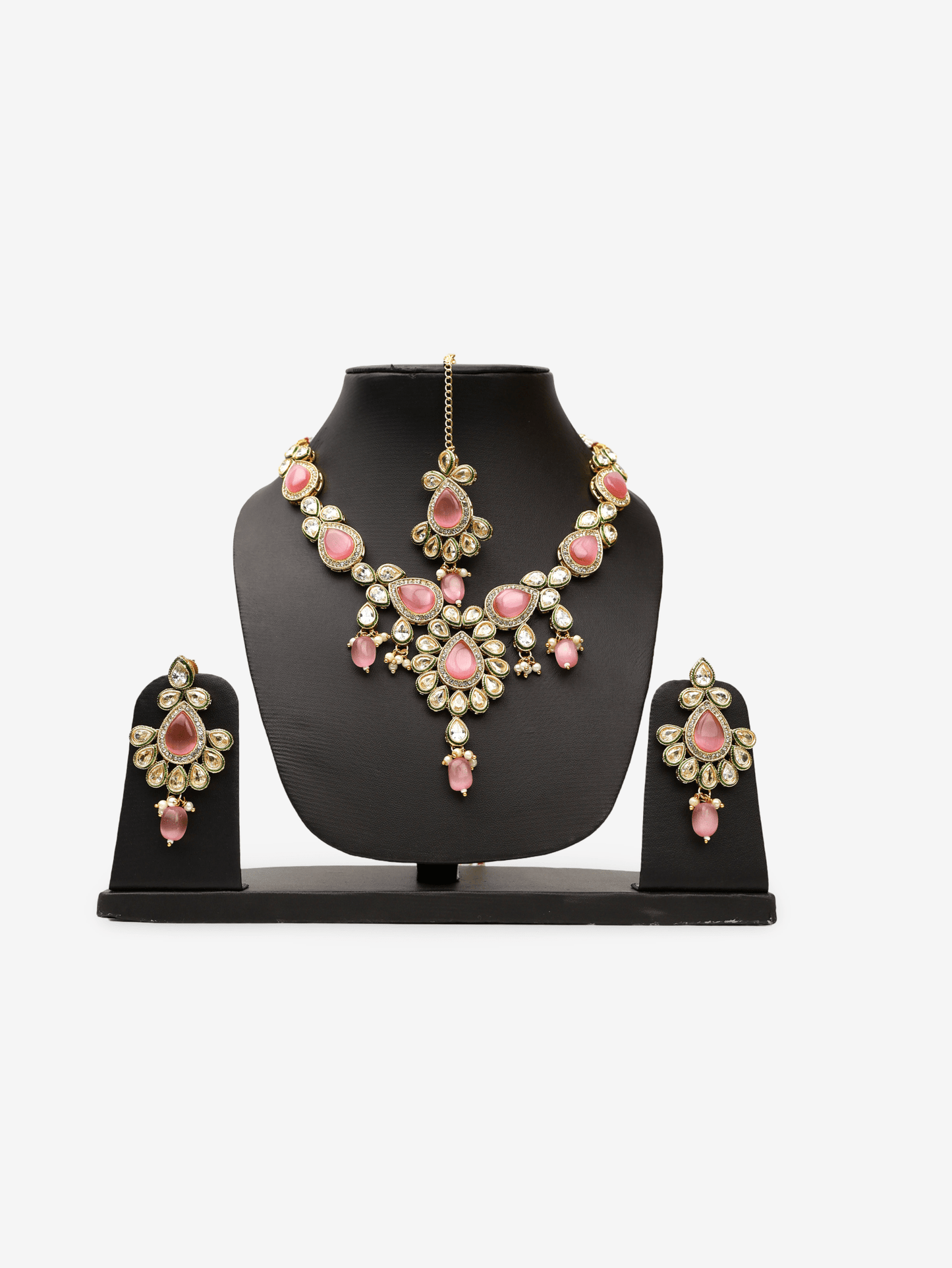 Polki and Pink Monalisa Stone Necklace with Earrings & Mang Tkka - UrbanNest Co