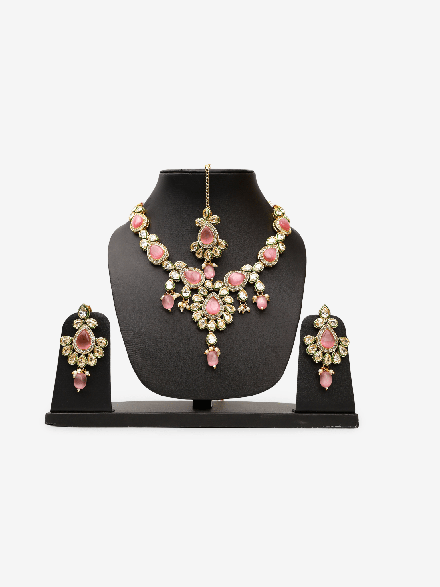 Polki and Pink Monalisa Stone Necklace with Earrings & Mang Tkka - UrbanNest Co