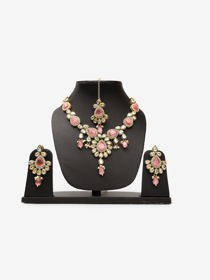 Polki and Pink Monalisa Stone Necklace with Earrings & Mang Tkka - UrbanNest Co