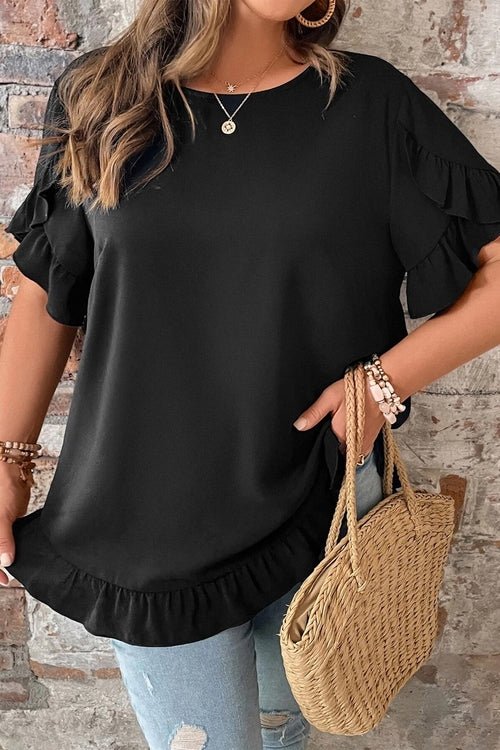 Plus Size Solid Ruffle Trim Petal Sleeve Tee - UrbanNest Co