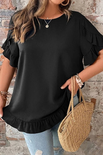 Plus Size Solid Ruffle Trim Petal Sleeve Tee - UrbanNest Co