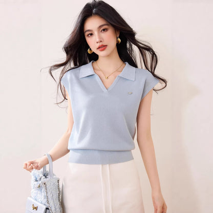 Blue Knitted Polo Shirt Women's Short Sleeve T-Shirt V - Neck Slim Fit Youthful and Brightening Top - UrbanNest Co