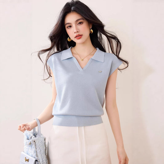 Blue Knitted Polo Shirt Women's Short Sleeve T-Shirt V - Neck Slim Fit Youthful and Brightening Top - UrbanNest Co