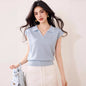 Blue Knitted Polo Shirt Women's Short Sleeve T-Shirt V - Neck Slim Fit Youthful and Brightening Top - UrbanNest Co