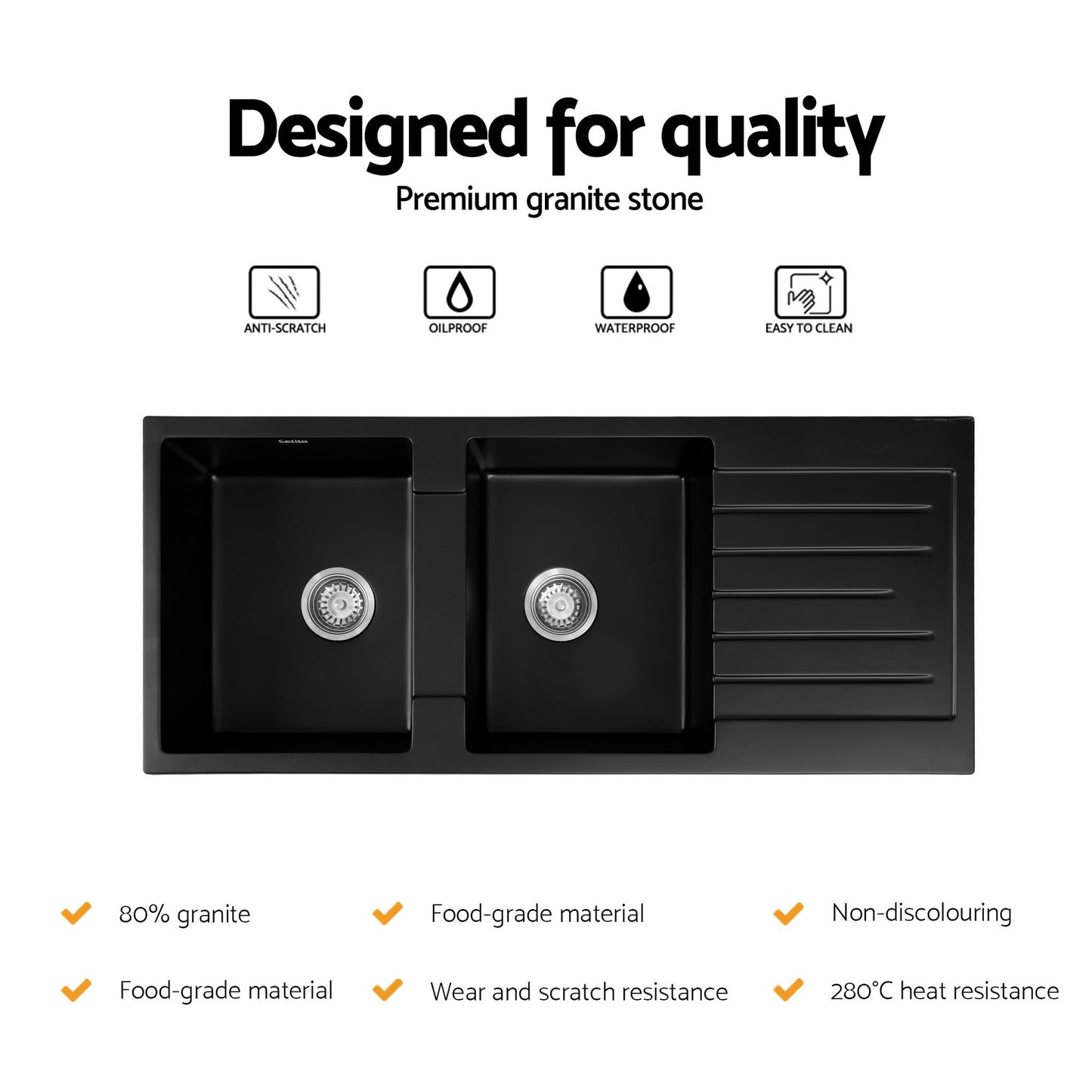 Cefito Kitchen Sink 116x50cm Granite Stone Sink Double Bowl Black - UrbanNest Co