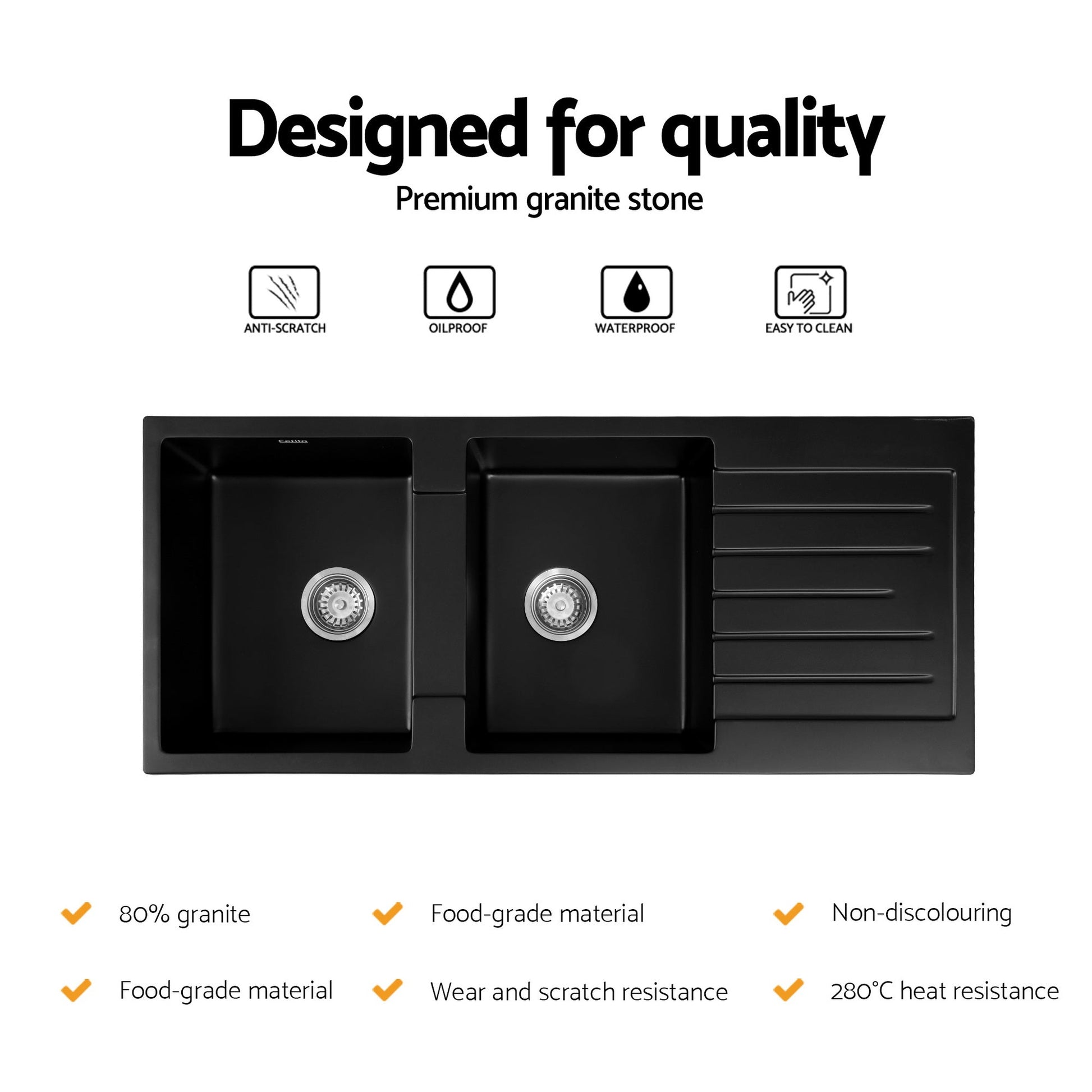 Cefito Kitchen Sink 116x50cm Granite Stone Sink Double Bowl Black - UrbanNest Co
