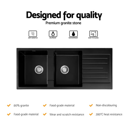 Cefito Kitchen Sink 116x50cm Granite Stone Sink Double Bowl Black - UrbanNest Co