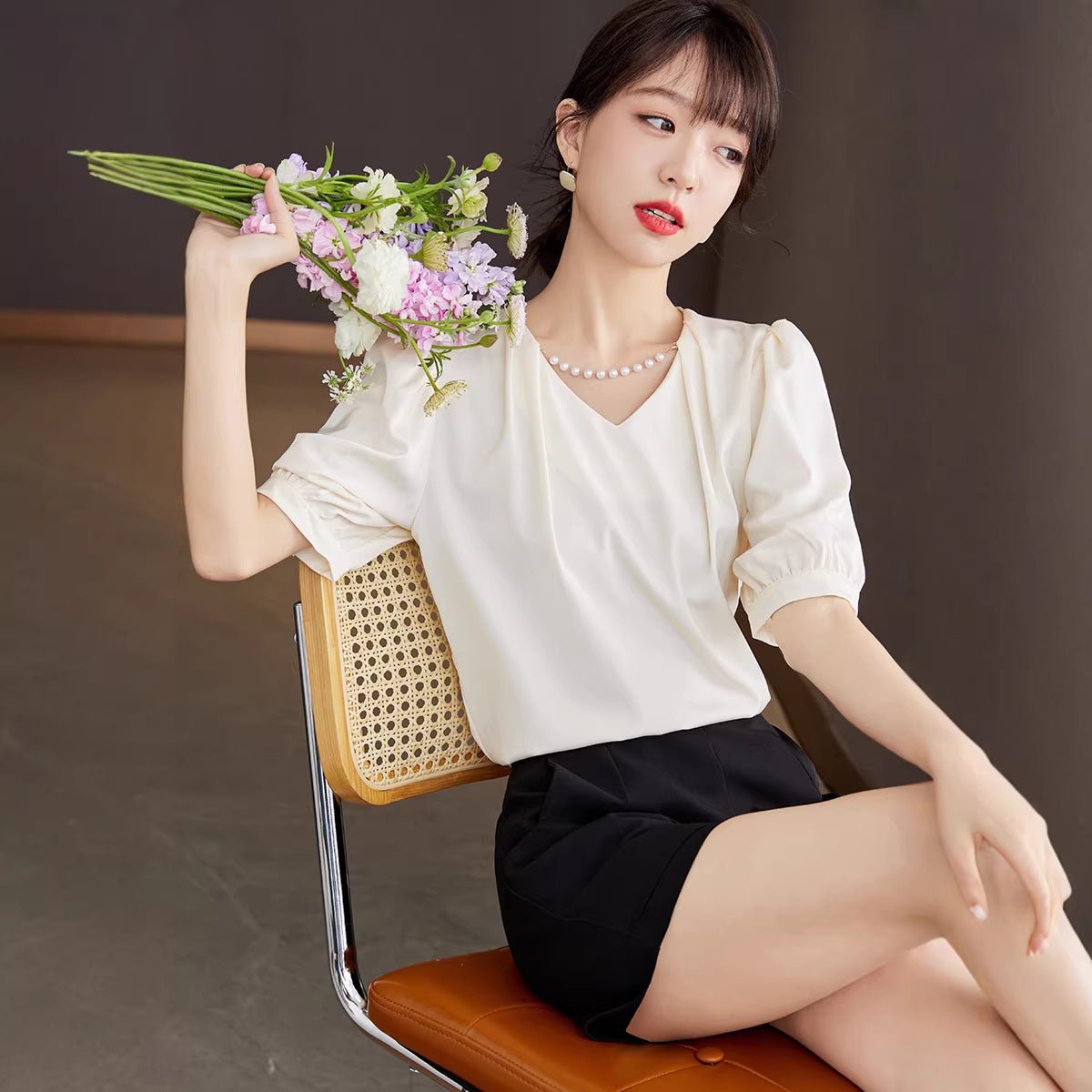 Cream V - neck Puff Sleeve Short Sleeve Blouse Women Loose Shirt Satin Top - UrbanNest Co