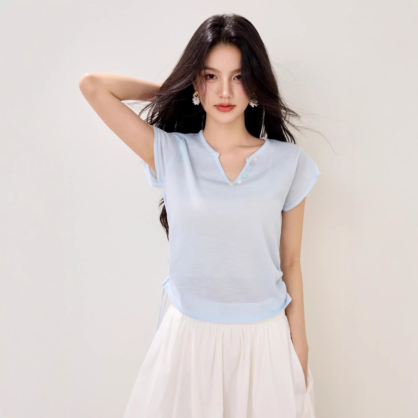 Lightweight drawstring knit sweater for women unique half - open collar top, fashion trend - UrbanNest Co