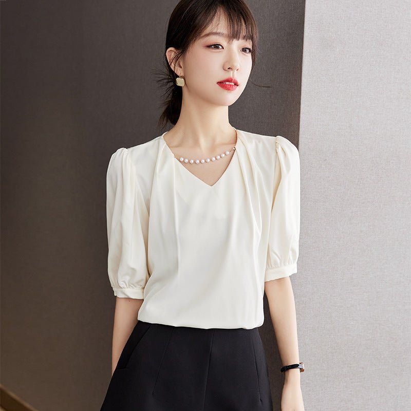 Cream V - neck Puff Sleeve Short Sleeve Blouse Women Loose Shirt Satin Top - UrbanNest Co