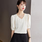 Cream V - neck Puff Sleeve Short Sleeve Blouse Women Loose Shirt Satin Top - UrbanNest Co