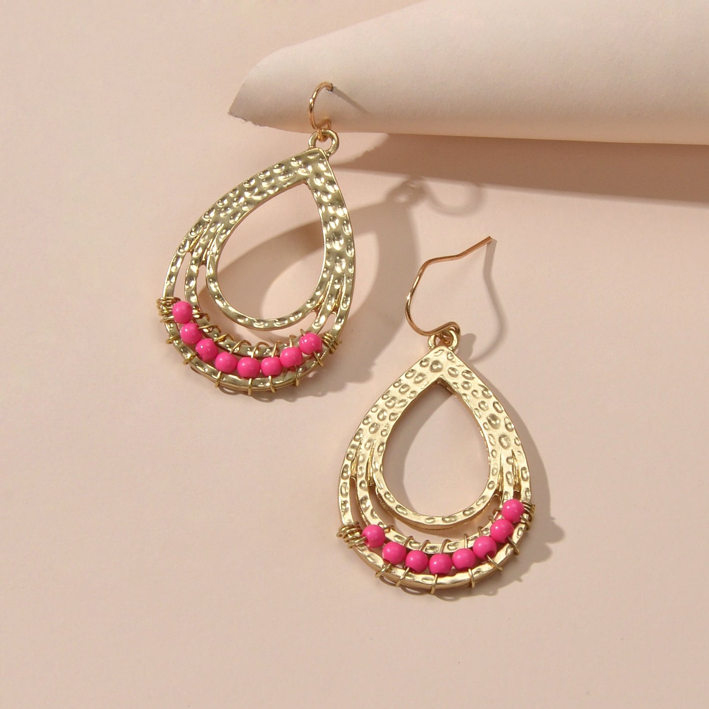 Ethnic Hotpink Beads Handmade Hollow Water Drop Bohemian Traditional Earrings - UrbanNest Co