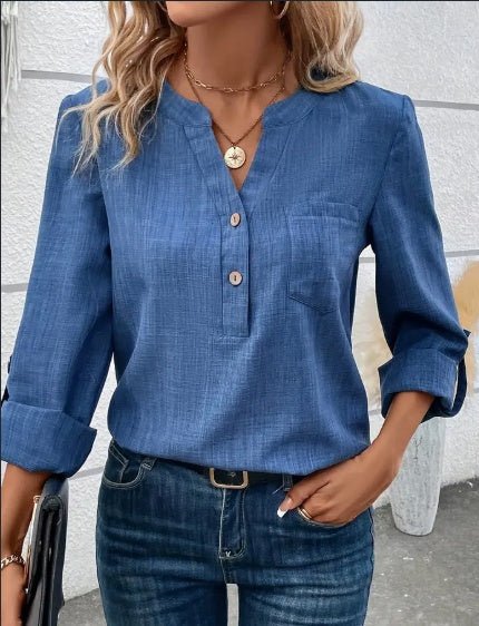 V - Neck Blouse With Pockets,Elegant And Classic Design,Machine - UrbanNest Co