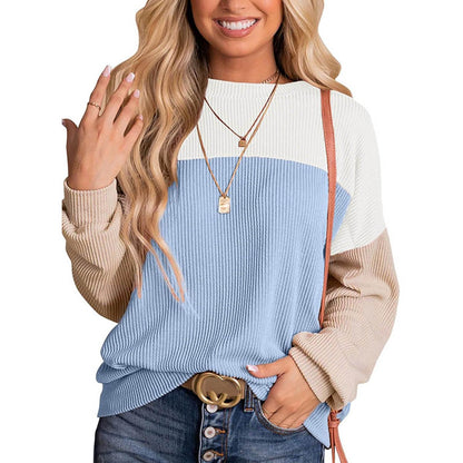 Womens Color Block Long Sleeve Crewneck Knitted Casual Pullover Tops - UrbanNest Co