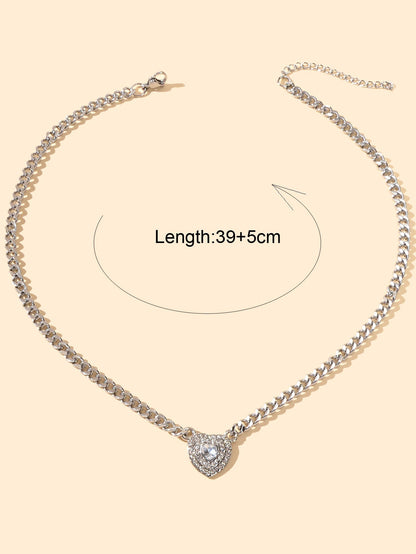 Textured Jewellery Silver Chain Full Rhinestone Heart Pendant Necklace Jewellery - UrbanNest Co