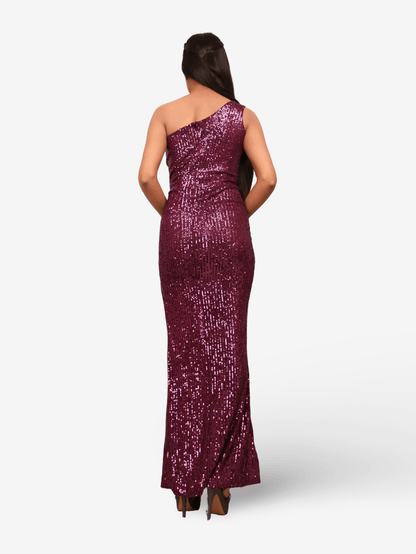 Wine Sequins One - Shoulder Maxi Party Dress by Shreekama - UrbanNest Co
