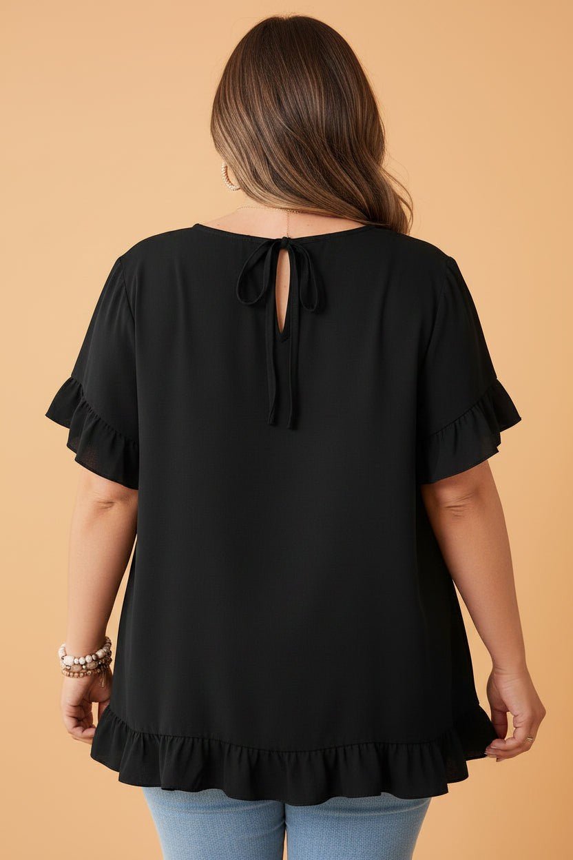 Plus Size Solid Ruffle Trim Petal Sleeve Tee - UrbanNest Co