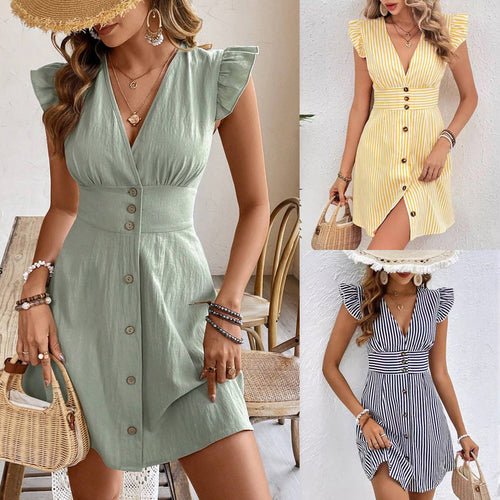 Summer V - neck Single - breasted Fly - sleeve Women's Shirt Dresses With - UrbanNest Co