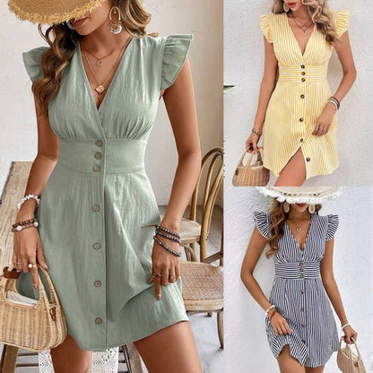 Summer V - neck Single - breasted Fly - sleeve Women's Shirt Dresses With - UrbanNest Co