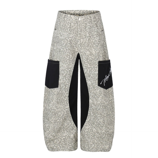Color - Blocking Pocket Design Loose Straight Leg Wide Leg Versatile Floor - Length Trousers - UrbanNest Co