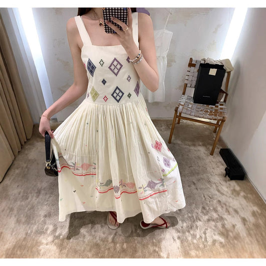 Chic High - count Tencel Cotton Dress withStitch Embroidery Detailing - UrbanNest Co