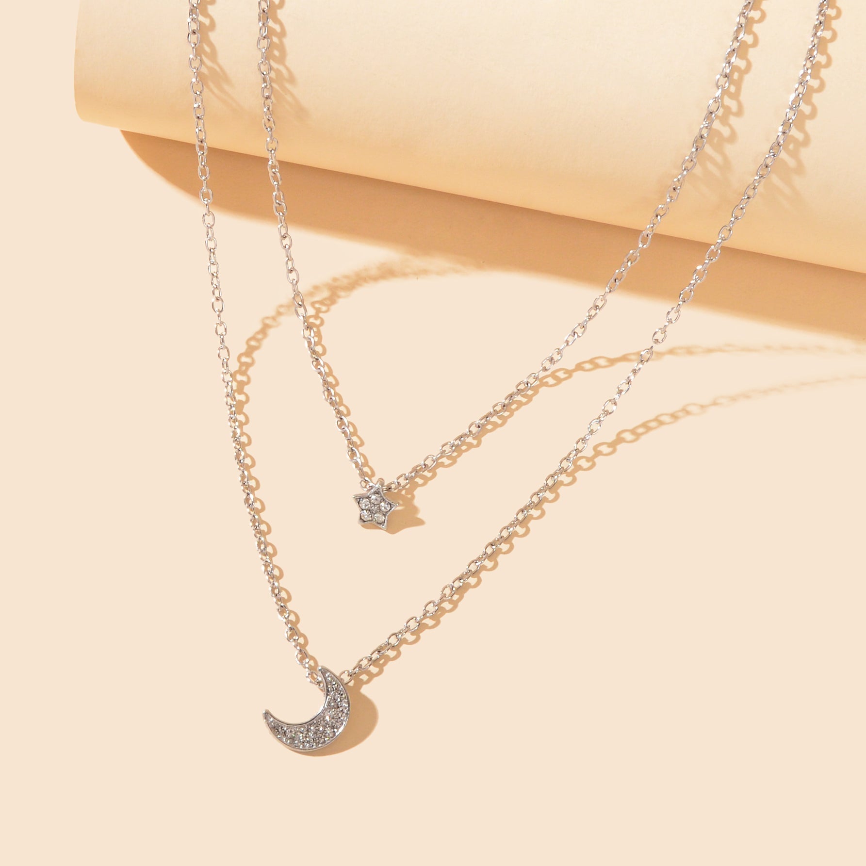 Dainty Silvery Layered Chain Rhinestone Decor Moon Star Pendant Necklace Women Daily Dating Birthday Gift Jewelry - UrbanNest Co