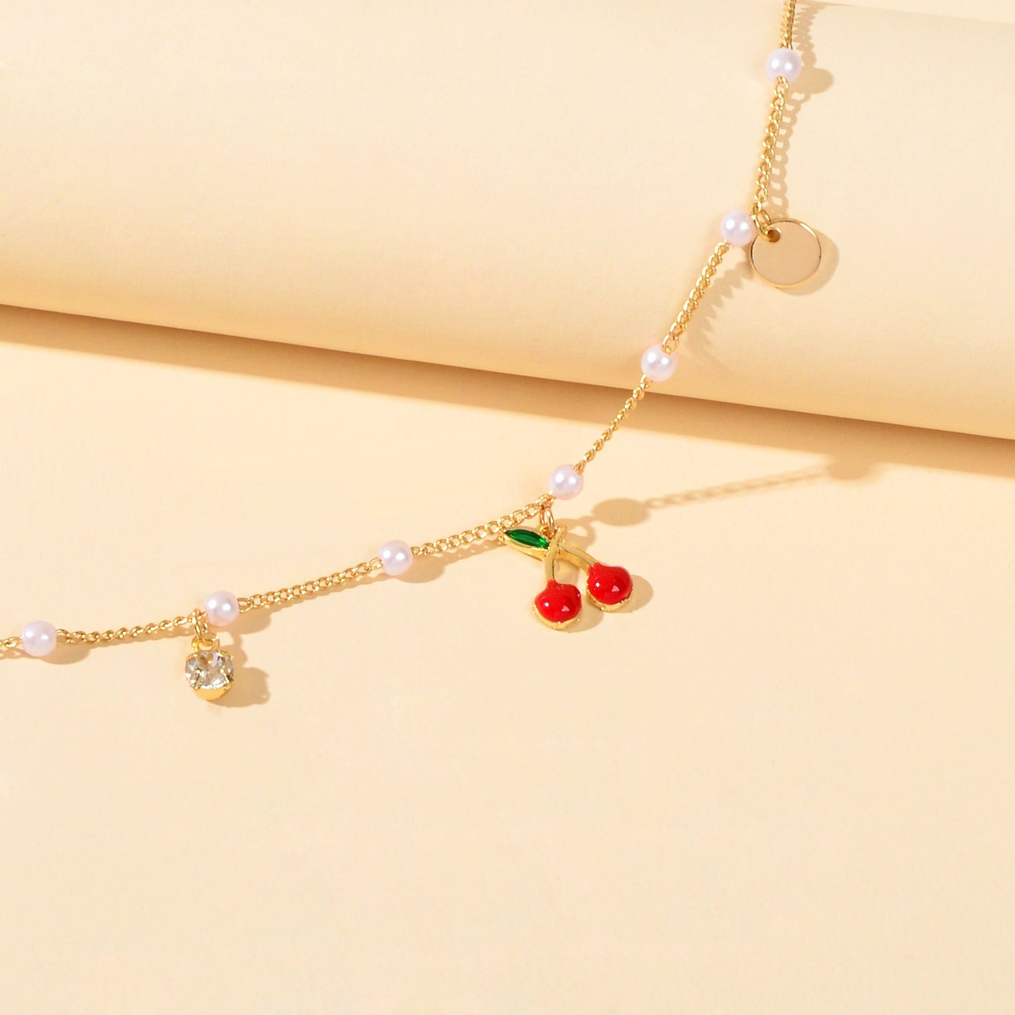 Pearl Beads Disc Charm Gold Chain Red Cherry Charm Bracelet Women Dainty Gift - UrbanNest Co