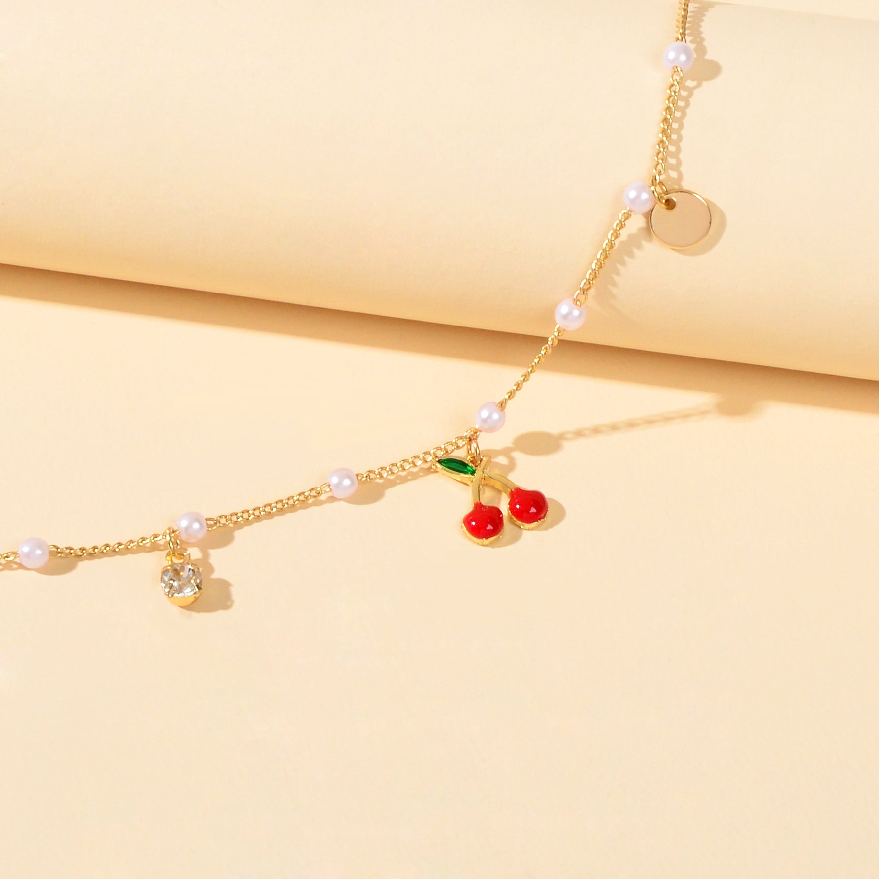Pearl Beads Disc Charm Gold Chain Red Cherry Charm Bracelet Women Dainty Gift - UrbanNest Co