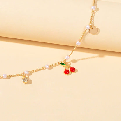 Pearl Beads Disc Charm Gold Chain Red Cherry Charm Bracelet Women Dainty Gift - UrbanNest Co