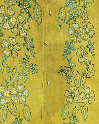 Mustard Green Floral Embroidered Kurta with Palazzo Set | Sequin & Pearl Work - UrbanNest Co