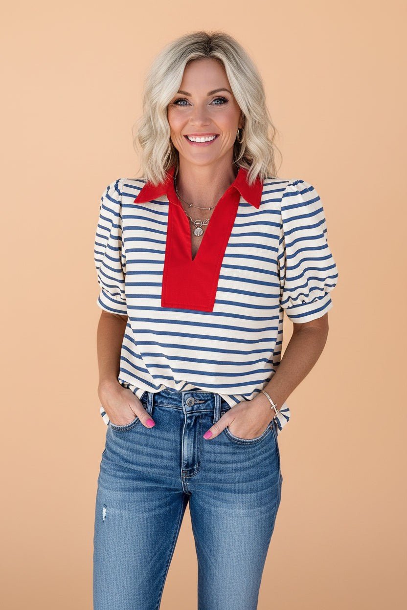 Stripe Colorblock Puff Sleeve Polo Collar Blouse - UrbanNest Co