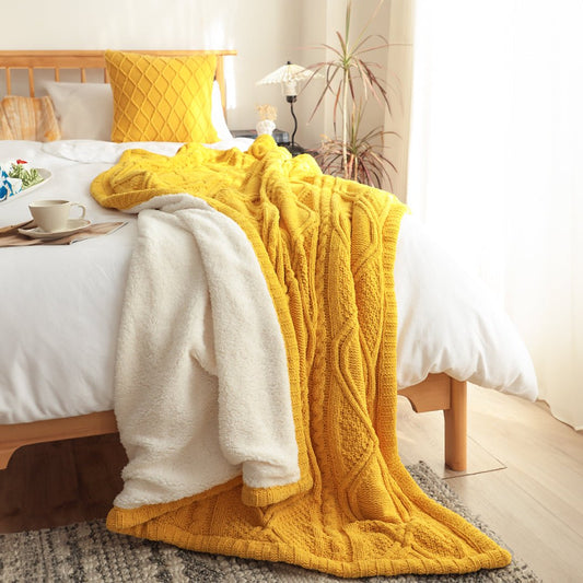 SOGA 200x230cm Throw Blanket Yellow and White Chenille Fleece Knitted Fabric on One Side Soft Suede - UrbanNest Co